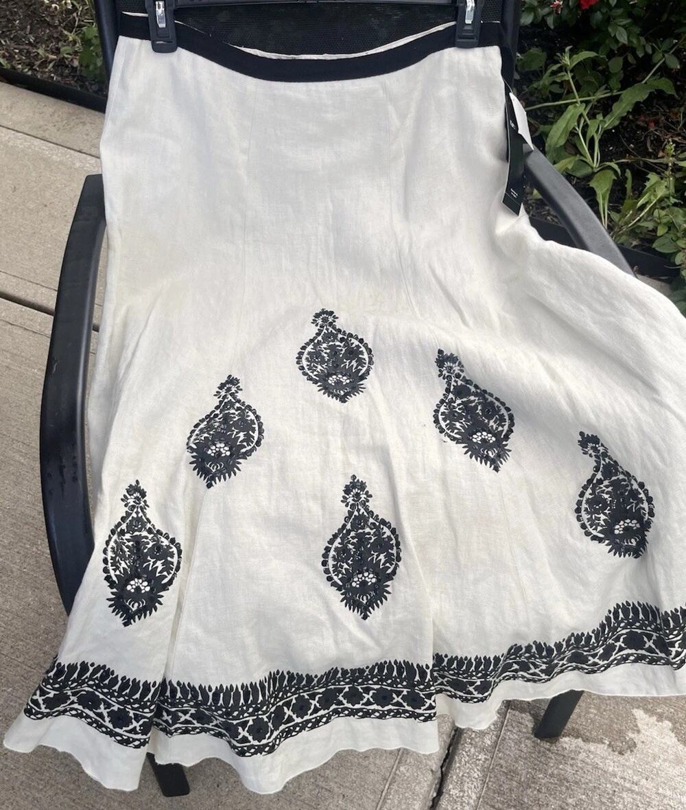 Karen Kane Linen Long Skirt Ivory Black Sequin Bohemian Lined W/ Tags